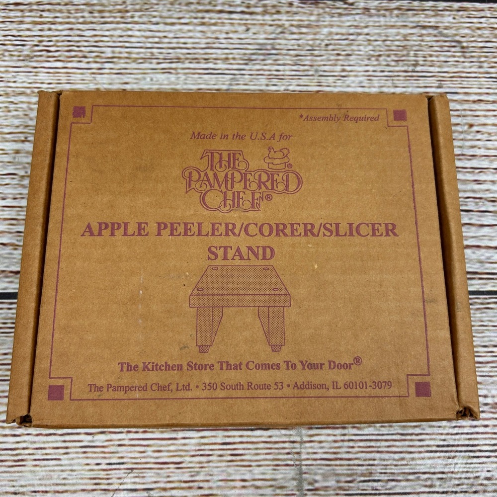 Pampered Chef Apple Peeler Corer Slicer Wooden Stand Made in USA New in Box